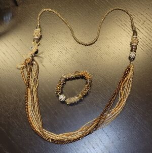 Elegant Gold and Brown Beaded Necklace and Bracelet Set, Magnetic Closures.